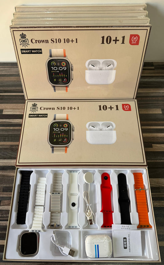 Crown S10 10+ 1 Smart Watch - with 7 Straps, 1 Free Airpods, 1 Wireless Charger, 1 Airpods Charger